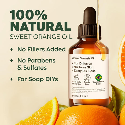 Kukka Sweet Orange Essential Oil For Diffuser - 100% Natural Sweet Orange Essential Oils For Skin Use - Sweet Orange Oil Essential Oil For Aromatherapy - Soap Making Scent & Diy (4 Fl Oz)