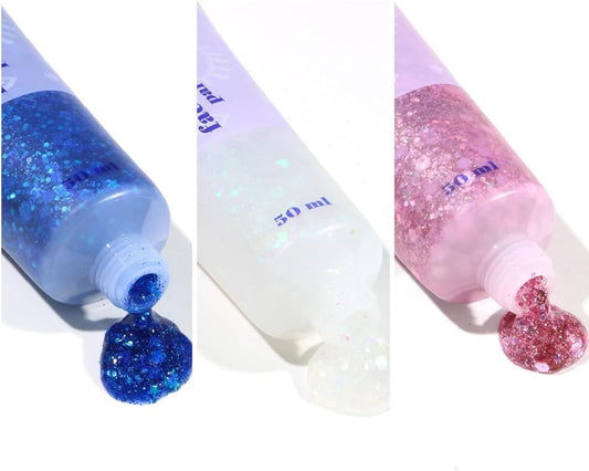 3 Pcs Body Glitter Gel, Face Glitters Body Gel Sequins Shimmer Liquid Eyeshadow, Mermaid Sequins Liquid Holographic Glitter Gel, Chunky Glitter For Face Hair Nails(Blue/White/Pink)