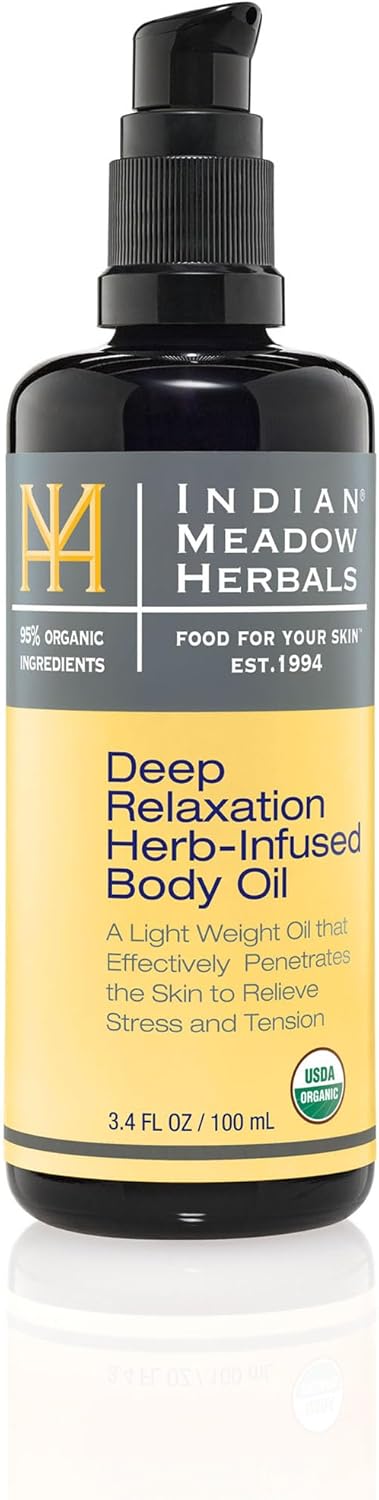 Indian Meadow Herbals Deep Relaxation Herb-Infused Body & Massage Oil (3.4Oz) – A Lightweight Body Massage Oil To Relieve Stress And Tension. Usda Certified Organic