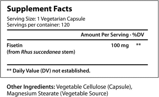 Fisetin Supplement 100Mg 120 Vegetarian Capsules | Natural Bioflavonoid Polyphenols | Aging And Longevity Powder Pills | Senolytic Sirtuin Activator | Energy Levels | Rhus Succedanea