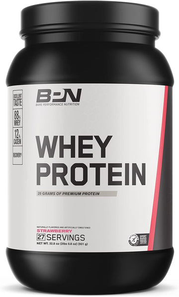 Bare Performance Nutrition, Bpn Whey Protein + Casein Protein Powder Blend, Strawberry, 25G Protein Per Serving Supports Lean Muscle Recovery, 27 Servings, Third Party Tested