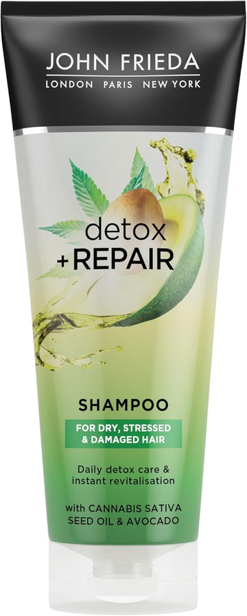John Frieda Detox & Repair Shampoo 250 Ml, Hydrating And Smoothing Shampoo For Dry, Stressed And Damaged Hair With Avocado Oil And Green Tea