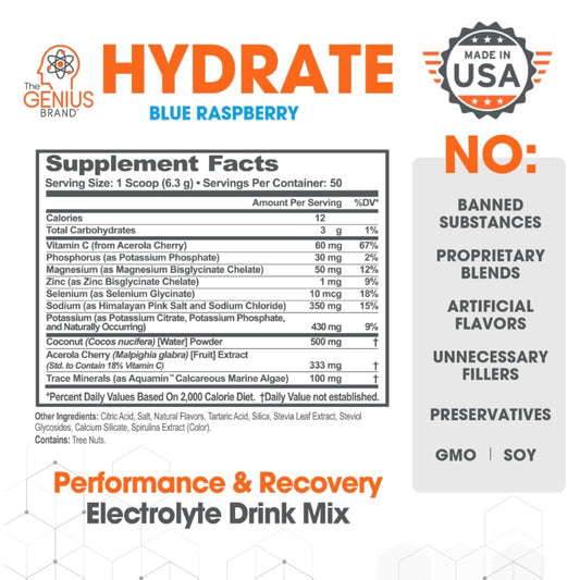 Genius Hydrate Powder Drink Mix Blue Raspberry 50 Servings - Natural Electrolyte Hydration Booster Endurance Supplement With Coconut Water Potassium Magnesium Zinc Sugar Free No Artificial Sweeteners