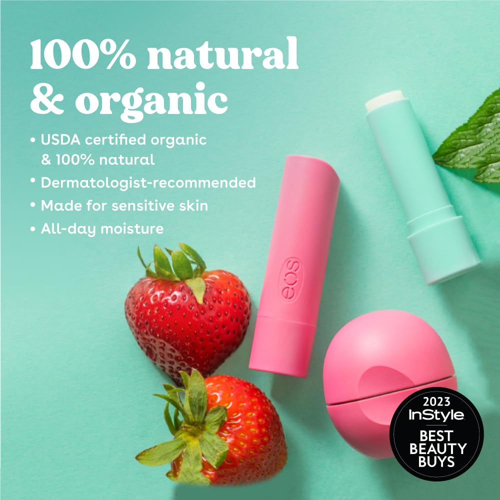 eos 100% Natural & Organic Lip Balm- Strawberry Sorbet, Dermatologist Recommended for Sensitive Skin, All-Day Moisture, 0.14 oz, 2 Pack : Beauty & Personal Care