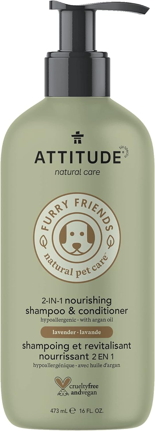 ATTITUDE Natural 2 in 1 Nourishing Shampoo & Conditioner for Cat & Dog, Hypoallergenic, Vegan and Cruelty-Free, Lavender & Argan Oil, 16 Fl Oz