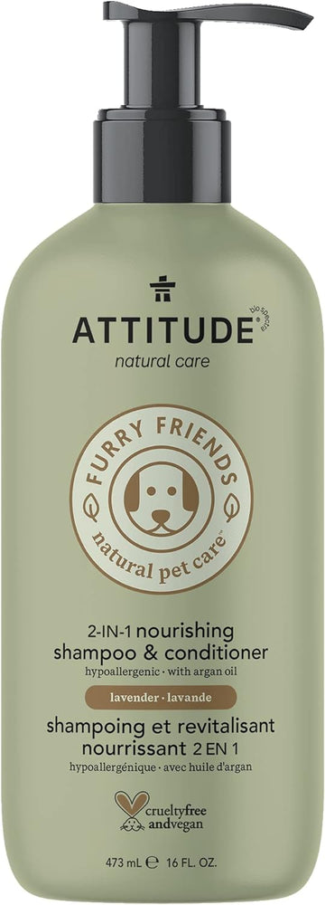 ATTITUDE Natural 2 in 1 Nourishing Shampoo & Conditioner for Cat & Dog, Hypoallergenic, Vegan and Cruelty-Free, Lavender & Argan Oil, 16 Fl Oz