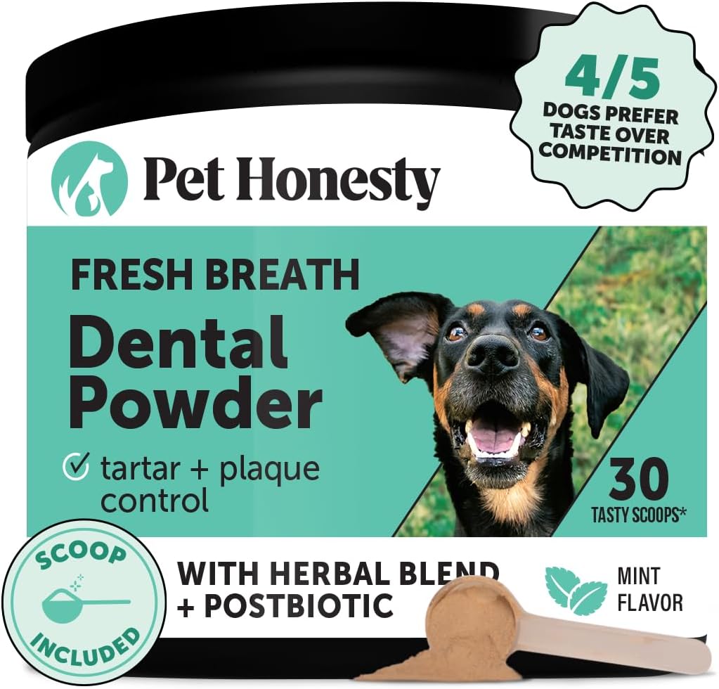 Pet Honesty Dog Breath Freshener Dental Powder For Teeth Cleaning Plaque Off, Dental Care For Dogs, Tartar Remover For Teeth With Natural Herbal Blend + Postbiotcs (30 Scoops)