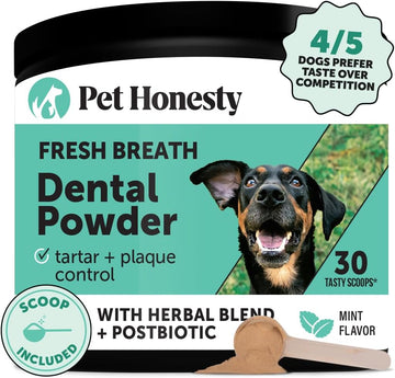 Pet Honesty Dog Breath Freshener Dental Powder For Teeth Cleaning Plaque Off, Dental Care For Dogs, Tartar Remover For Teeth With Natural Herbal Blend + Postbiotcs (30 Scoops)