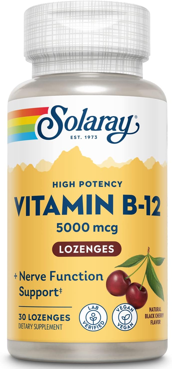 Solaray Vitamin B-12 5000Mcg Lozenges | Natural Cherry Flavor | Healthy Energy & Nerve Function Support | 30Ct