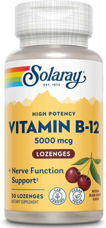 SOLARAY Vitamin B-12 5000mcg Lozenges | Natural Cherry Flavor | Healthy Energy & Nerve Function Support | 30ct