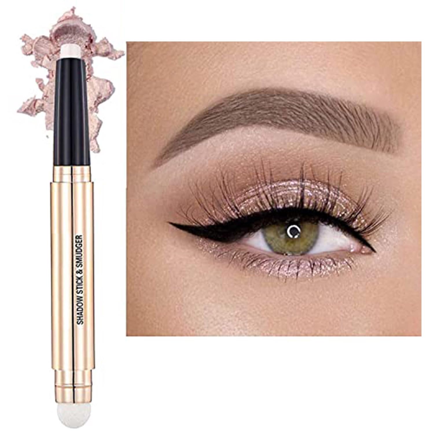 2 In 1 Champagne Gold Shimmer Eyeshadow Stick Eyeliner Pencil Cream Shimmer Smooth Eyeshadow Pencil Waterproof Hypoallergenic Long Lasting Eye Shadow Pen Multi-Dimensional Eyes Look