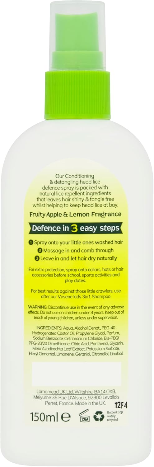 Vosene Kids Apple & Lemon Head Lice Defence Spray 150Ml, Conditioning And Detangling Natural Head Lice Repellent With Tea Tree Leaf, Citronella And Eucalyptus Oil, Helps To Keep Headlice At Bay