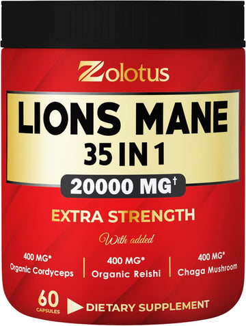 35 In 1 Lions Mane Mushroom Capsules, Equivalent To 20000Mg, With Cordeyceps, Reishi, Elderberry, Ashwagandha, Panax Ginseng - Focus, Memory And Brain Support Supplement, Immune Support, Energy Pills