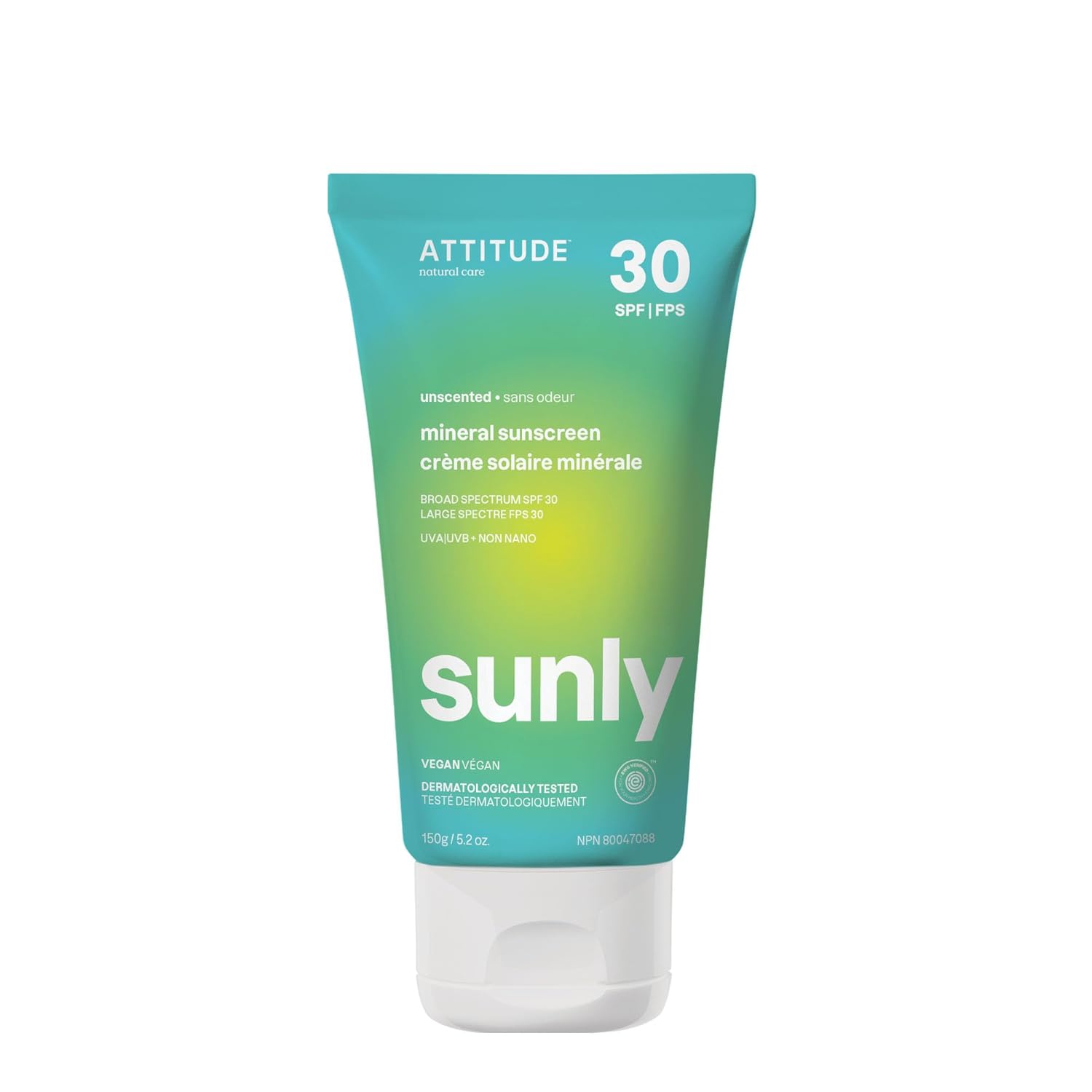 ATTITUDE Mineral Sunscreen with Zinc Oxide, SPF 30, EWG Verified, Broad Spectrum UVA/UVB Protection, Dermatologically Tested, Vegan, Unscented, 5.2 Ounces
