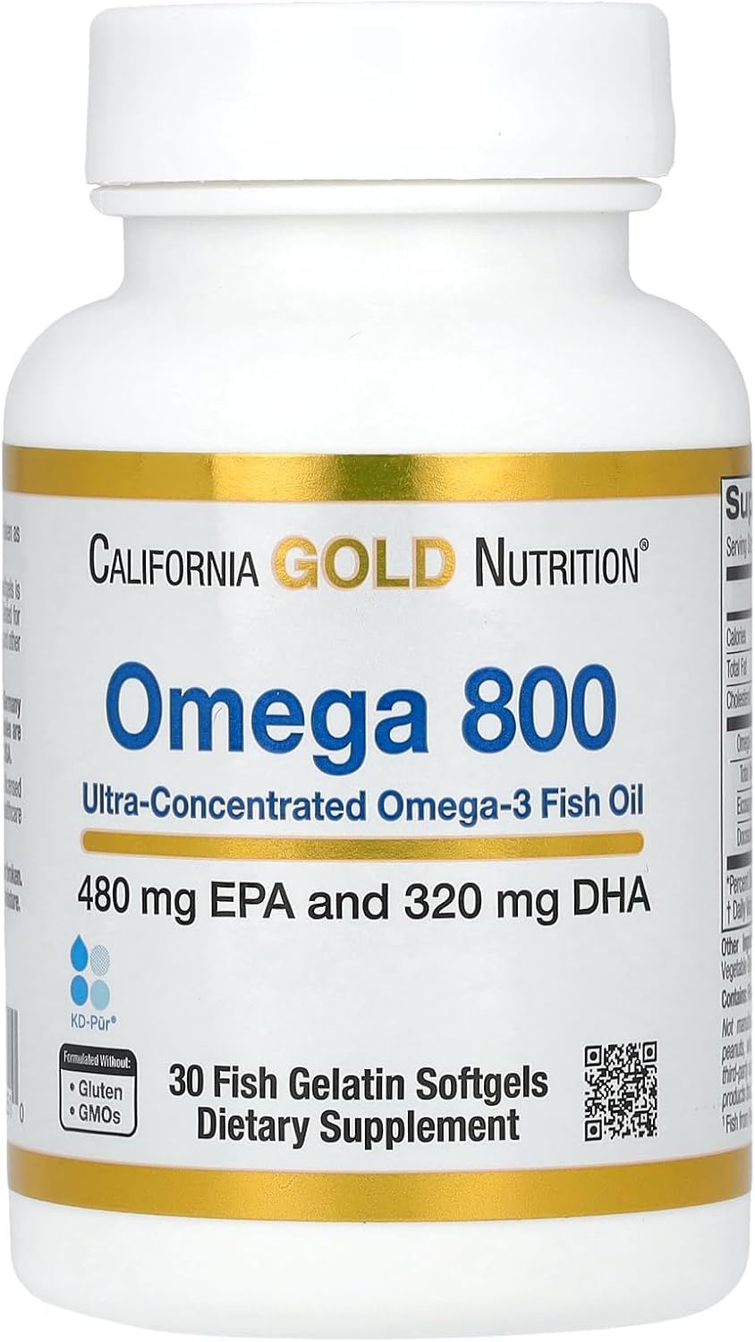 California Gold Nutrition Omega 800 Ultra-Concentrated Omega-3 Fish Oil, Kd-Pur Triglyceride Form, 1,000 Mg, 30 Fish Gelatin Softgels