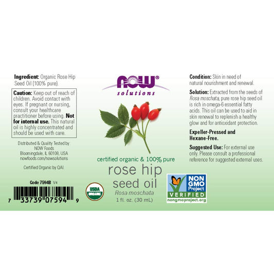 Now Solutions, Organic Rose Hip Seed Oil, Certified Organic And 100% Pure, For Facial Care, Expeller Pressed, Vegan, Child Resistant Euro Dropper, 1-Ounce