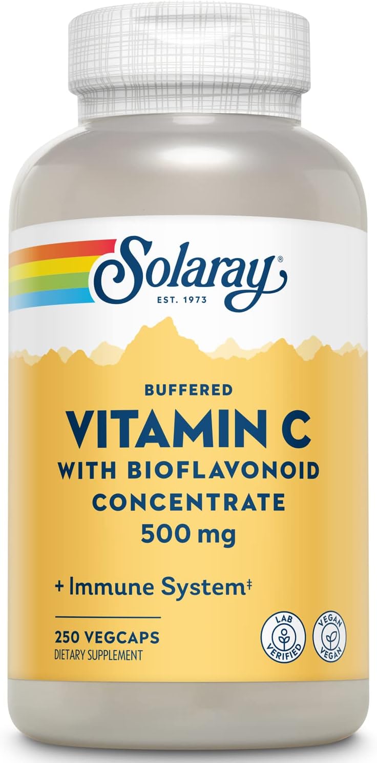 Solaray Buffered Vitamin C 500Mg - With Bioflavonoids, Rose Hips And Acerola Cherry - Immune Support Supplement - Easy To Digest, Vegan, Lab Verified, 60-Day Guarantee - 250 Servings, 250 Vegcaps