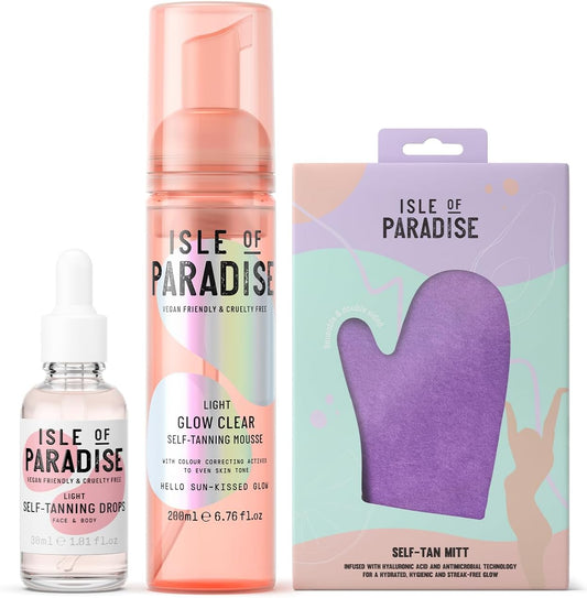 Isle of Paradise Self Tan Mousse - Light Glow Clear Self Tanning Foam (200 ml) + Face Drops Light (30 ml) & Mitt Applicator : Amazon.co.uk: Beauty