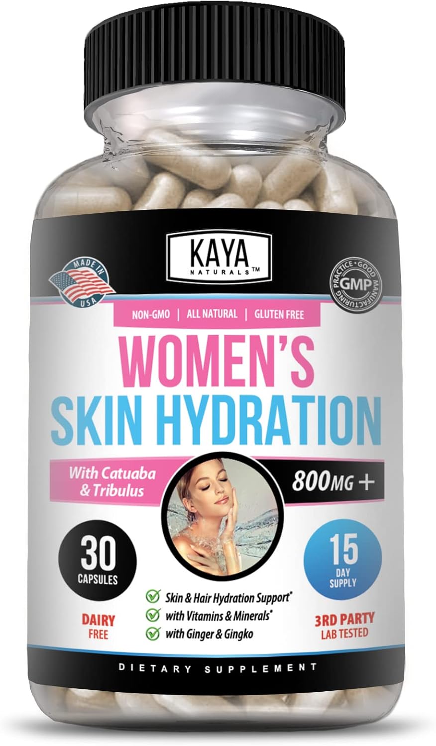 Kaya Naturals Skin Hydration Vitamins - Female Pills - Skin Enhancer Capsules - Skin Hydration Booster For Women - Promotes Increased Energy, Mood & Stamina - Reduction In Dryness - 30 Veggie Capsules