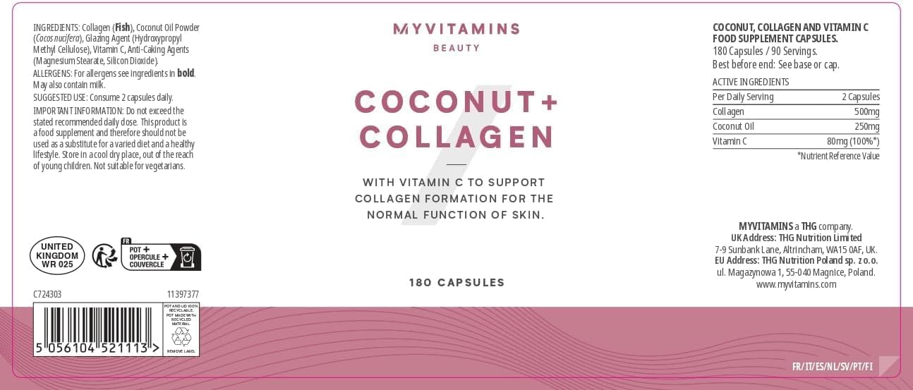 Myprotein Coconut Collagen Capsules – 60 Capsules – Hydrolysed Collagen with Coconut Oil & Vitamin C – Supports Skin, Hair & Nails – Helps Maintain Skin Health : Amazon.co.uk: Health & Personal Care