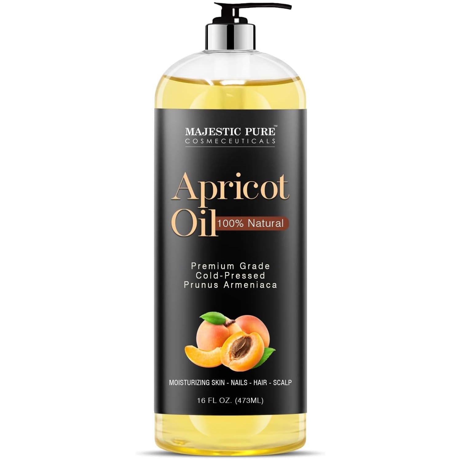 Majestic Pure Apricot Oil, 100% Pure And Natural, Cold-Pressed, Apricot Kernel Oil, Moisturizing, For Skin Care, Massage, Hair Care, And To Dilute Essential Oils, 16 Fl Oz