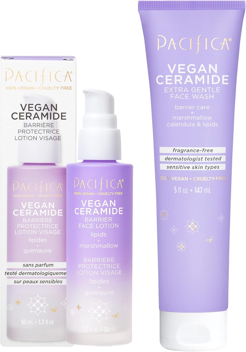 Pacifica Beauty, Vegan Ceramide Face Wash + Face Lotion Set, Cleanser, Moisturizer, Sensitive Skin, Dermatologist + Allergy Tested, Eczema Association Approved, Fragrance Free, Vegan