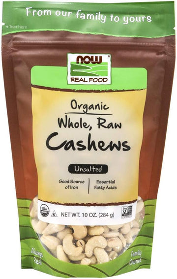 Now Foods, Certified Organic Cashews, Whole, Raw And Unsalted, Rich Buttery Flavor, Source Of Fiber, Protein And Iron, Certified Non-Gmo, 10-Ounce (Packaging May Vary)