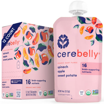 Cerebelly Baby Food Pouches – Organic Spinach Apple Sweet Potato (4 oz, Pack of 12) - Toddler Snacks - 16 Brain-Supporting Nutrients - Healthy Snacks, Made with Gluten-Free Ingredients, No Added Sugar