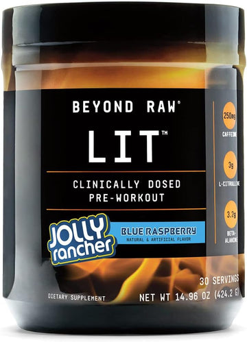 BEYOND RAW LIT | Clinically Dosed Pre-Workout Powder | Contains Caffeine, L-Citrulline, and Beta-Alanine, Nitric Oxide and Preworkout Supplement | Jolly Rancher Blue Raspberry | 30 Servings