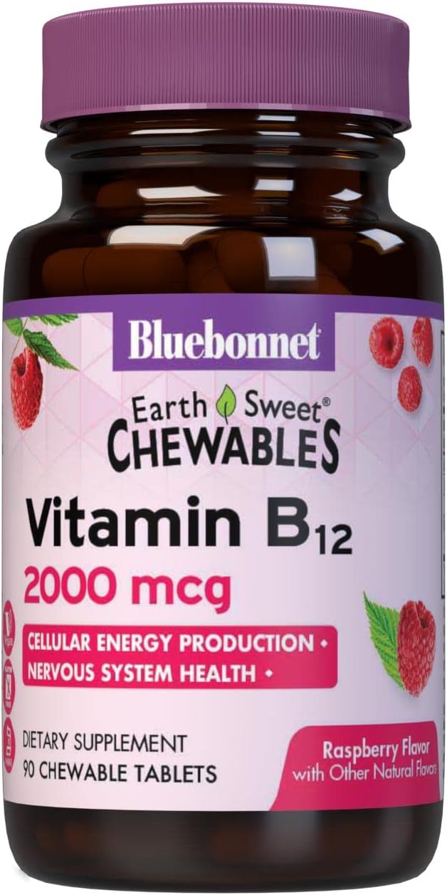 Bluebonnet Nutrition Earth Sweet Vitamin B12 2000 mcg Chewable Tablets, Soy-Free, Gluten-Free, Kosher Certified, Dairy-Free, Vegan, Raspberry Flavored, 90 Chewable Tablets, 90 Servings