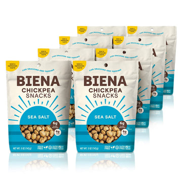 Biena Crispy Roasted Chickpea Snacks, Sea Salt, High Protein Snacks, High Fiber Snacks, Gluten Free, Plant-Based, Healthy Snacks for Adults and Kids, 8-Pack 5 Ounce Bags