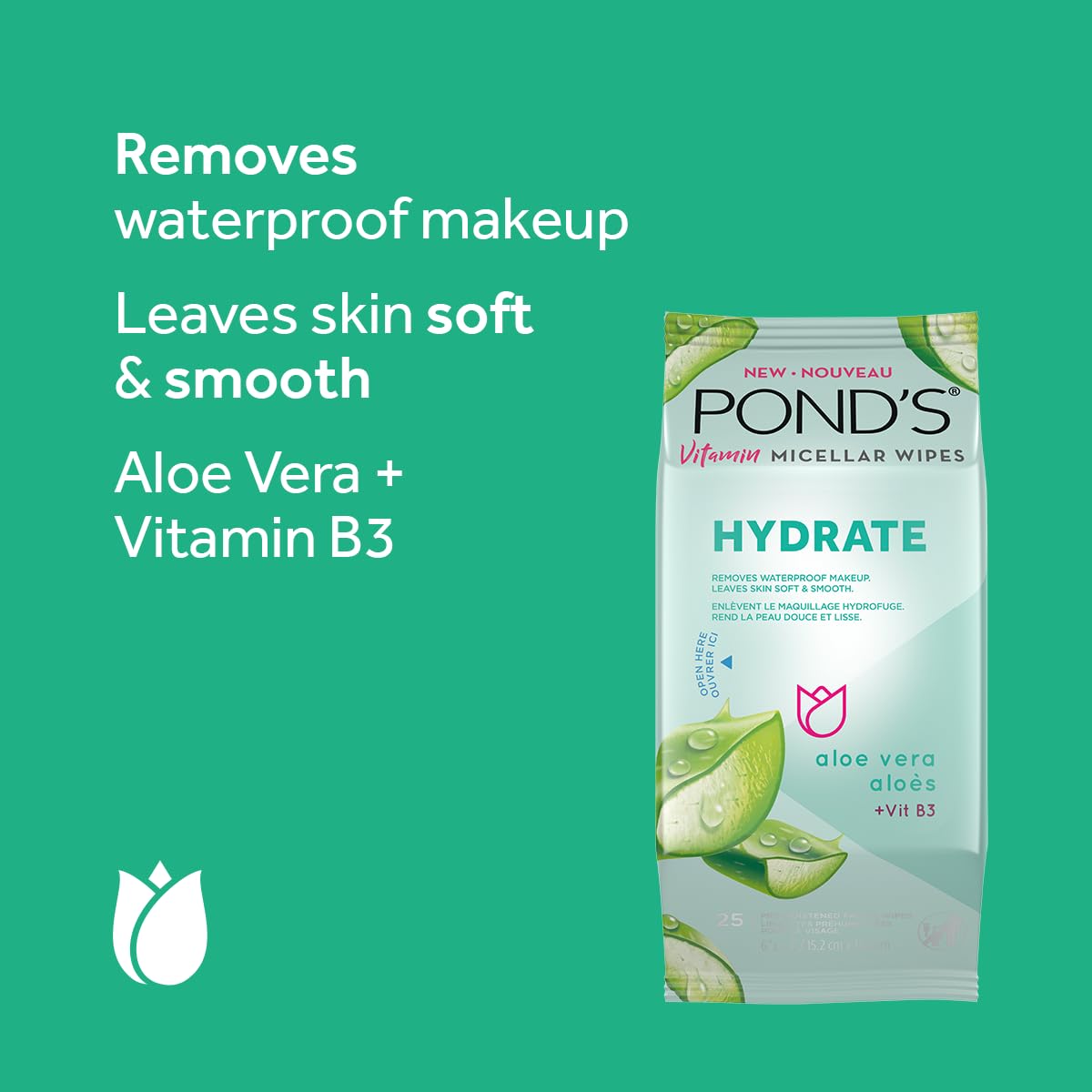 Pond'S Vitamin Micellar Wipes For Dry Skin Hydrate Aloe Vera Removes Waterproof Makeup 25 Wipes : Beauty & Personal Care