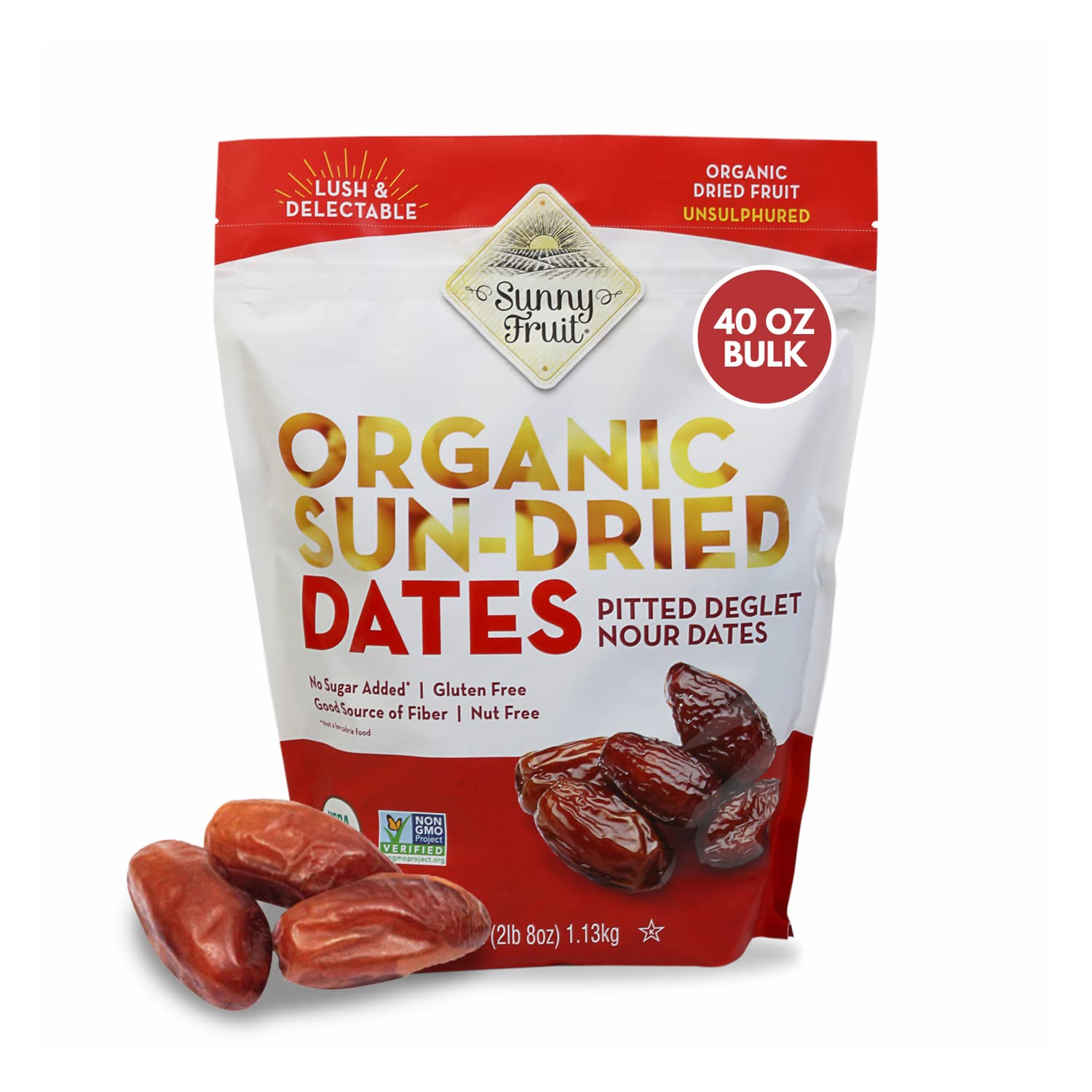 Sunny Fruit Organic Dried Pitted Deglet Nour Dates, 2.5 Pound Bulk Bag | Healthy, Sweet Snack | Organic, Non-Gmo, Vegan, Halal, Kosher, No Preservatives, No Sugar Added