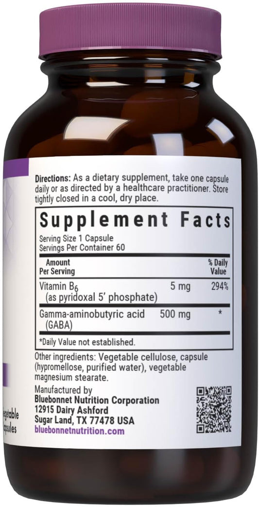 Bluebonnet Nutrition Gaba 500Mg, For Stress Relief*, Supports Relaxation*, Kosher, Vegan, Gluten-Free, Soy-Free, Non-Gmo, 60 Vegetable Capsules, 60 Servings