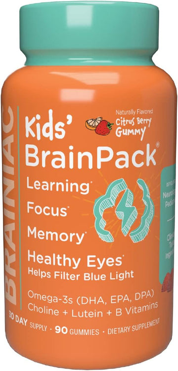 Brainiac Kids Daily BrainPack Gummies, Supports Brain Health with Omega 3 DHA EPA DPA, Choline, B6 & B12 and Lutein for Eye Health with Immune Support, Citrus Berry Flavor, 90 ct
