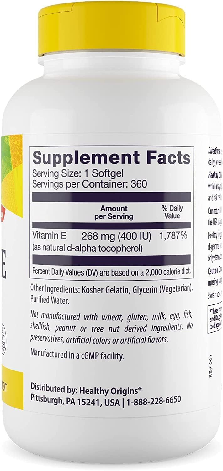 Healthy Origins Vitamin E, 400 IU with Naturally Sourced Mixed Tocopherols - Vitamin E Supplement - Non-GMO & Gluten-Free Skin, Hair, & Nails Vitamin - 360 Softgels