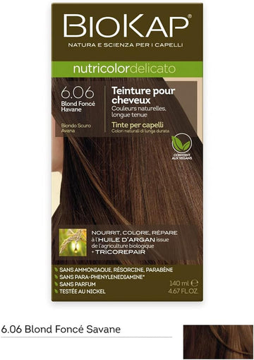 Biokap Nutricolor Delicato Hair Colour Cream, Dark Savannah Blonde 6.06, Permanent, Ammonia Free, Organic, Suitable For Blonde, 90% Natural Ingredients, 50 Ml