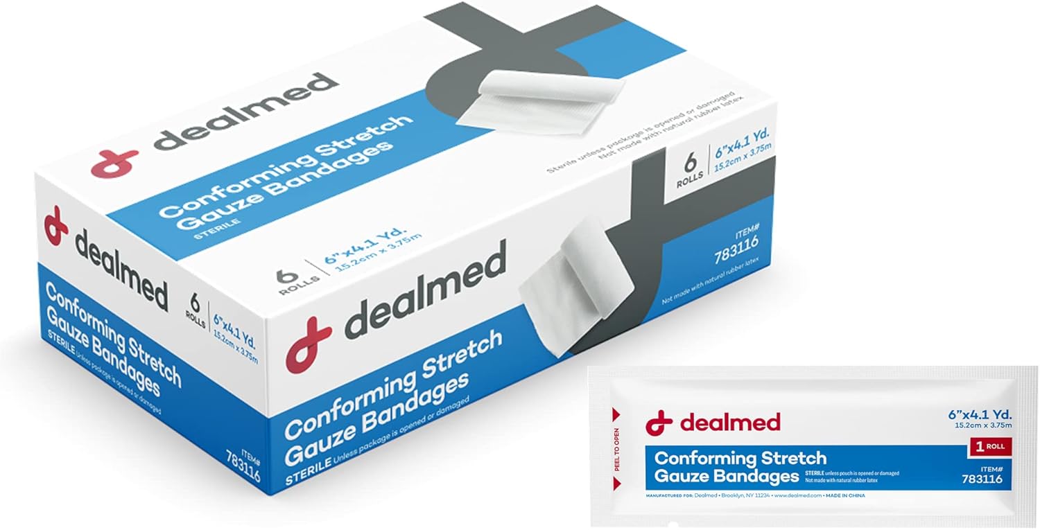 Dealmed 6" Sterile Conforming Stretch Gauze Bandages, 4.1 Yards Latex Free Stretched Dressing Wrap, Medical Non-Adherent Wound Care Mesh Bandages (Box Of 6 Rolls)