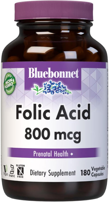 Bluebonnet Nutrition Folic Acid 800Mcg, Healthy Neurological Development, Soy, Dairy & Gluten Free, Non-Gmo, Kosher Certified, Vegan, Vegetable Capsules, 180 Count
