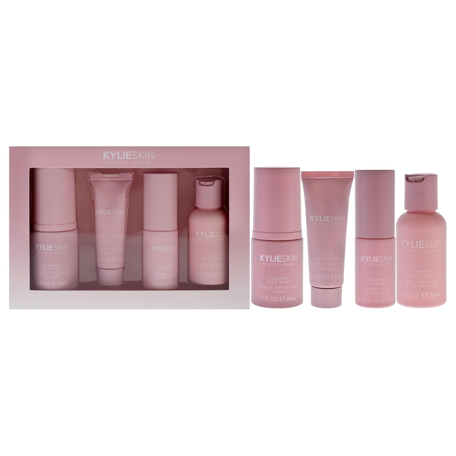 Skin Discovery Set By Kylie Cosmetics For Women - 4 Pc 1 Oz Foaming Face Wash, 0.5 Oz Face Moisturizer, 0.3 Oz Vitamin C Serum, 1 Oz Vanilla Milk Toner