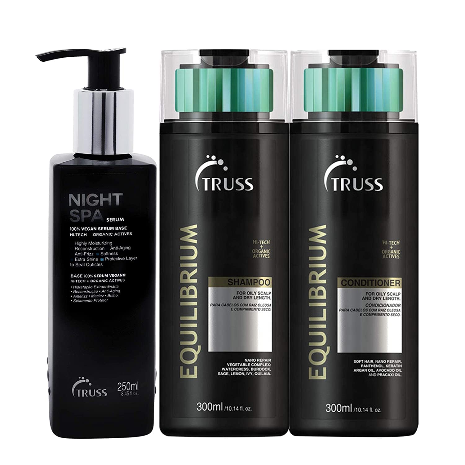 Truss Night Spa Hair Serum Bundle With Equilibrium Conditioner And Shampoo Set