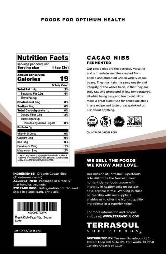 Terrasoul Superfoods Raw Organic Cacao Nibs, 16 Oz, Superfood Crunch for Smoothie Bowls, Nut Butter Spreads, Oatmeal and DIY Chocolate Creations