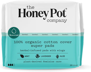 The Honey Pot Company - Herbal Super Pads w/Wings - Organic Pads for Women - Infused w/Essential Oils for Cooling Effect - Feminine Care- 16 ct