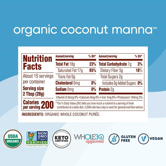 Nutiva Organic Coconut Manna Puréed Coconut Butter, 15 Oz (Pack of 2), USDA Organic, Non-GMO, Whole 30 Approved, Vegan, Gluten-Free & Keto, Creamy Spread to Boost Smoothies & Oatmeal