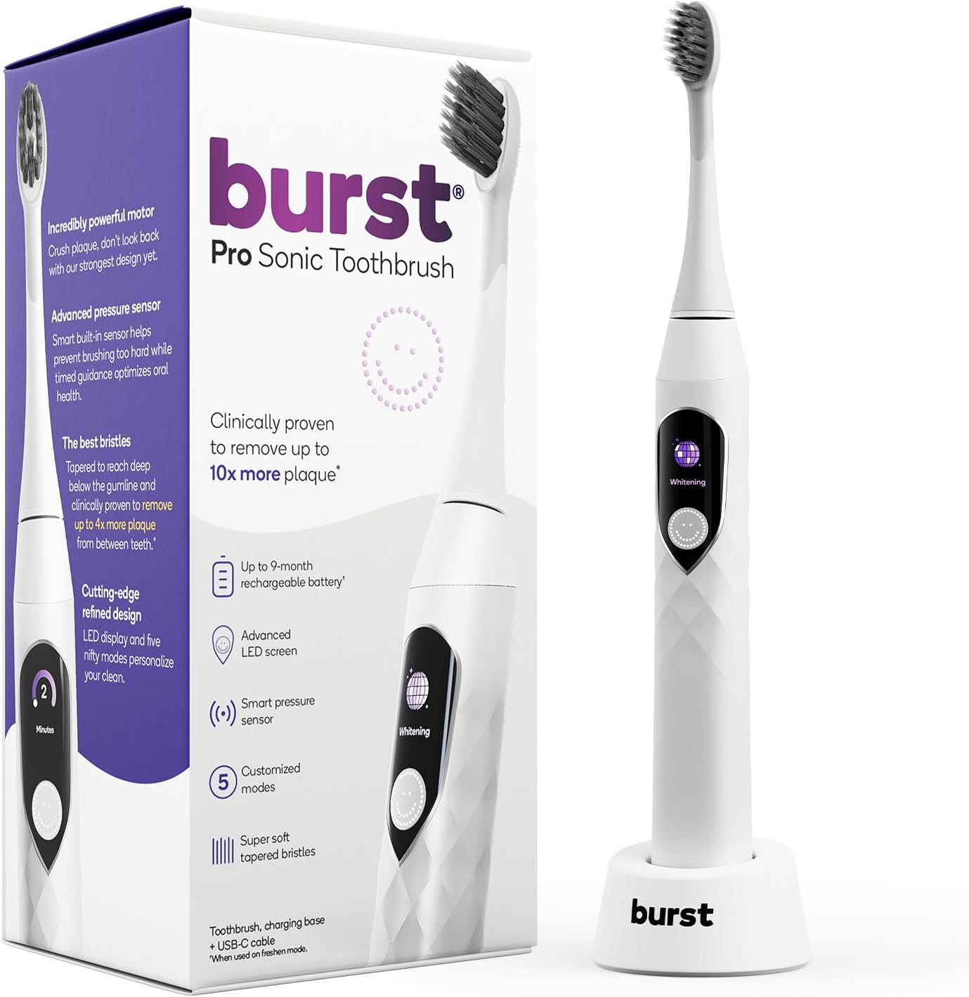 Burst Pro Sonic Electric Toothbrush for Adults - Soft Bristle Toothbrush for Deep Clean & Plaque Removal - Up to 9 Month Battery, Smart Pressure Sensor, 5 Sonic Toothbrush Modes - White