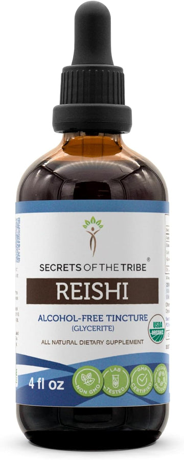 Secrets of the Tribe Reishi USDA Organic Tincture Alcohol-Free Liquid Extract, Reishi Mushroom (Ganoderma Lucidum) (4 FL OZ)