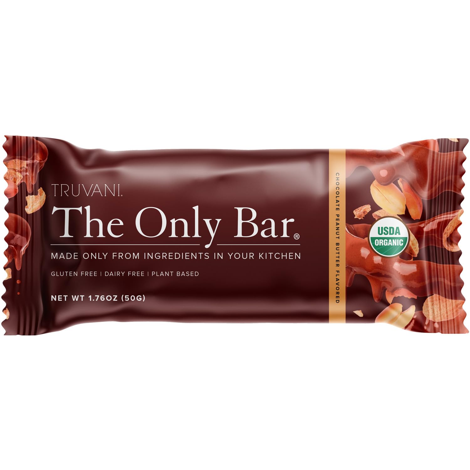 Truvani Plant Based Snack Bars | 7G Protein | 1 Pack Chocolate Peanut Butter | Organic | Vegan | The Only Bar | Dairy, Soy, And Gluten Free | Individually Wrapped