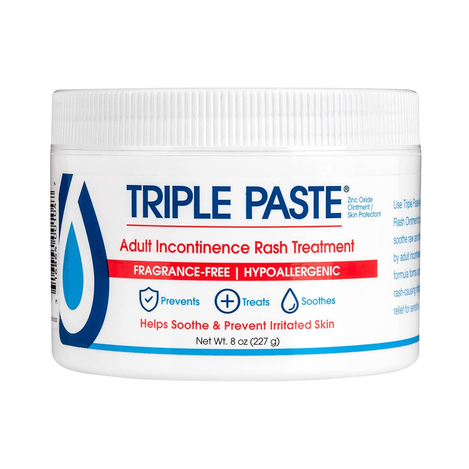 Triple Paste Adult Incontinence Rash Treatment - 8 Oz Jar - Diaper Rash Ointment For Adults Treats, Soothes And Prevents Skin Irritation With A Fragrance-Free, Hypoallergenic Formula