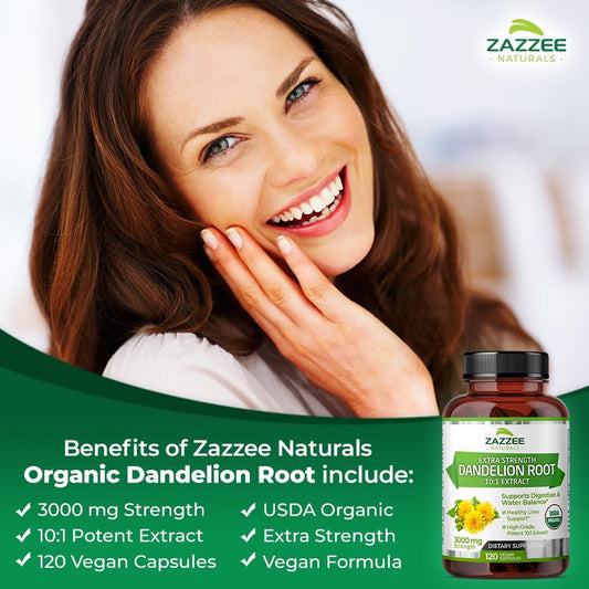 Zazzee Usda Organic Dandelion Root 10:1 Extract, 3000 Mg Strength, 120 Capsules, 4 Month Supply, Standardized And Concentrated 10X Extract, 100% Vegetarian, All-Natural And Non-Gmo