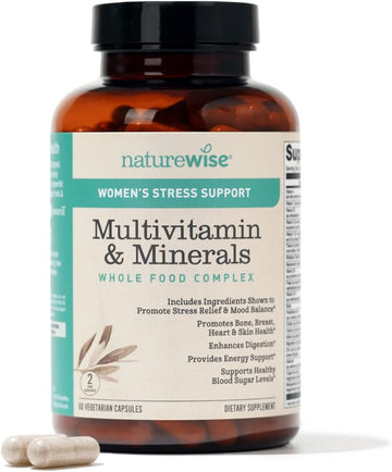 Naturewise Multivitamin For Women + Stress Support + B-Complex + Vitamin C + D3 K2 For Immunity, Hair, Skin & Nails, Digestion + Whole Organic Foods - Vegetarian, Non-Gmo - 60 Capsules[1-Month Supply]